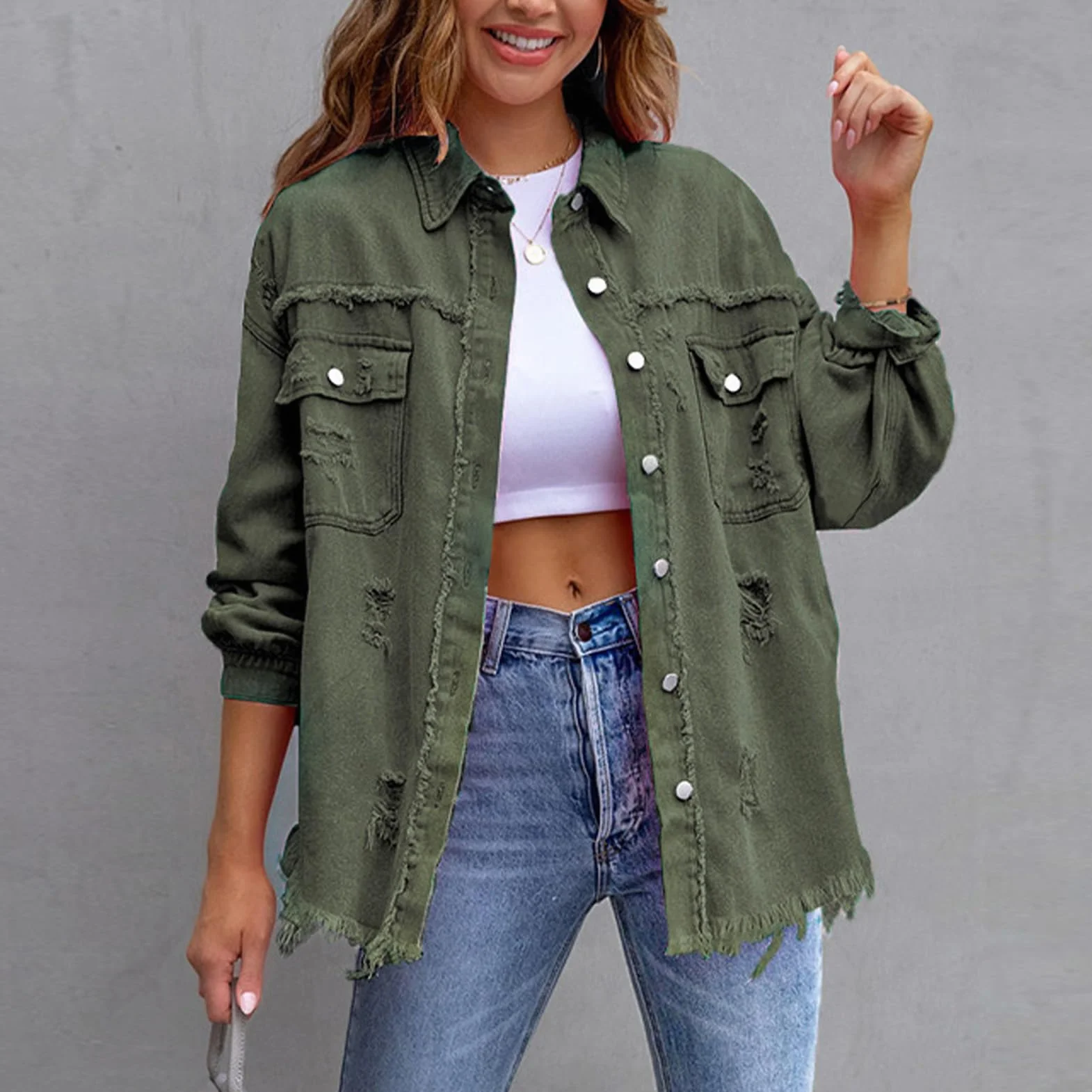 amropi Giacca Jeans con Bottoni Donna Giubbino Strappato Denim Jacket Leggere Camicetta Giacche