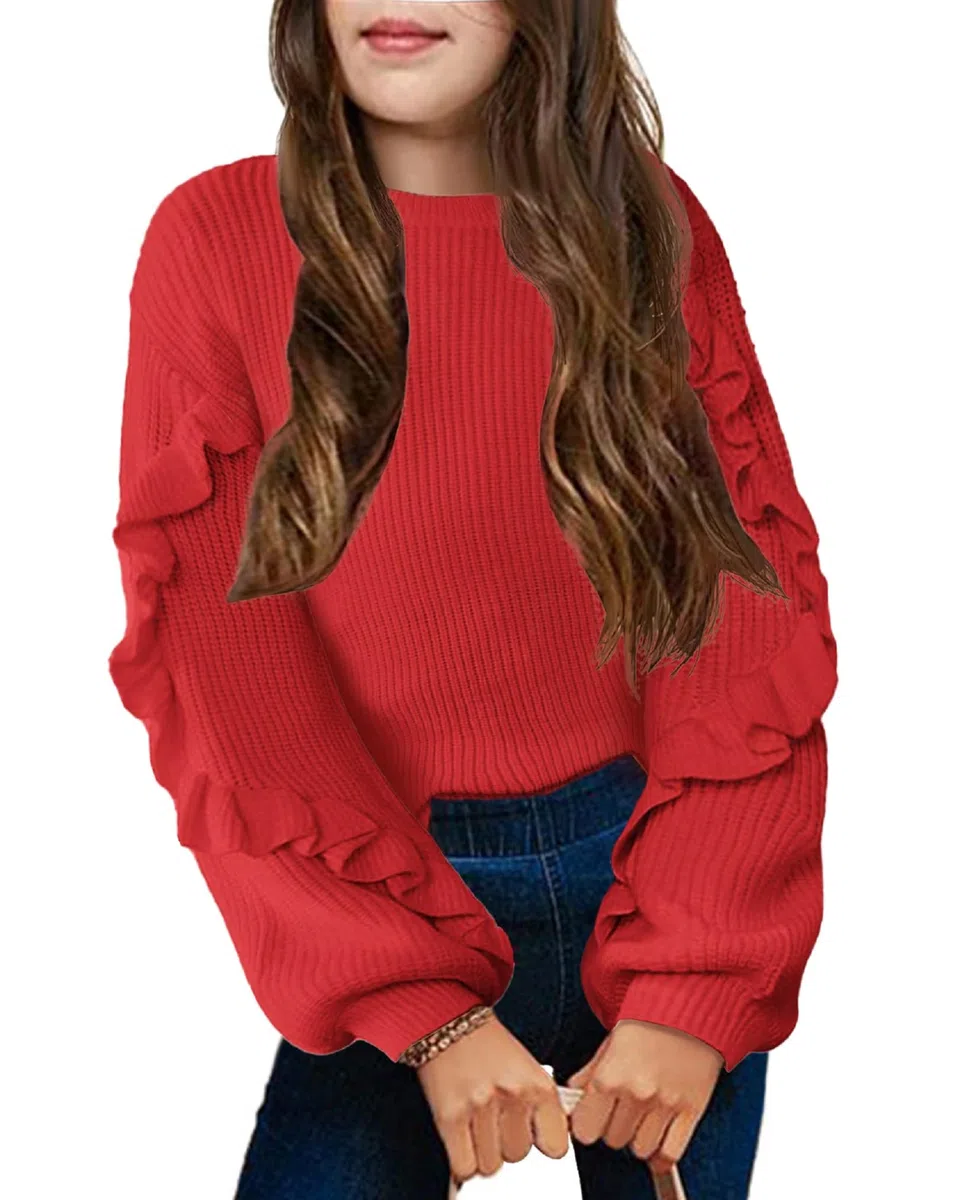 Arshiner Ragazze Maglione Maniche a Lanterna Bambini Caldo Lavorato Collo Rotondo Casual Autunno Inverno Manica Lunga per Ragazza 7-14 Anni