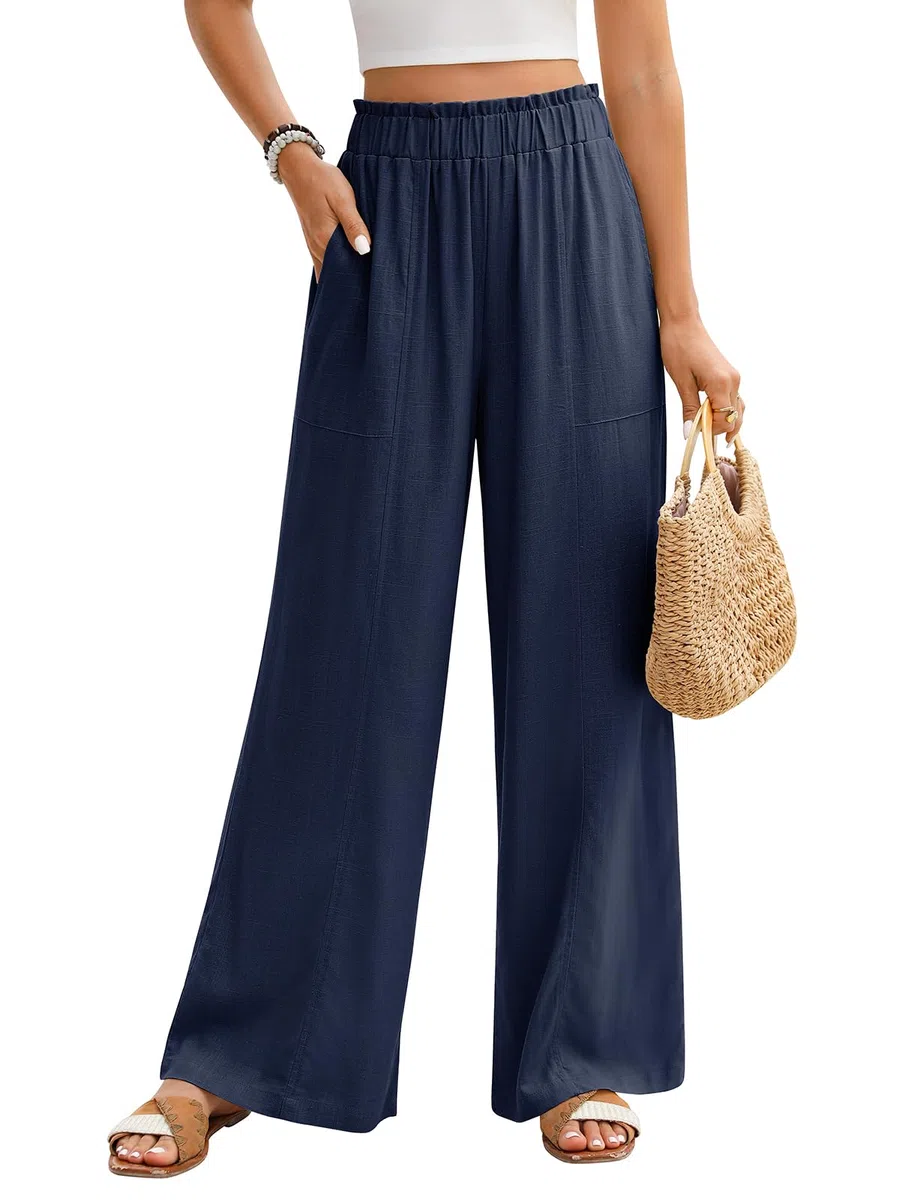 Niwicee Pantaloni Lino Donna Estivi Pantaloni Larghi Eleganti Pantaloni Vita Alta Elastico Pantaloni Leggeri Estivi Casual Solido Sciolto Gamba Dritta Pantaloni con Tasche