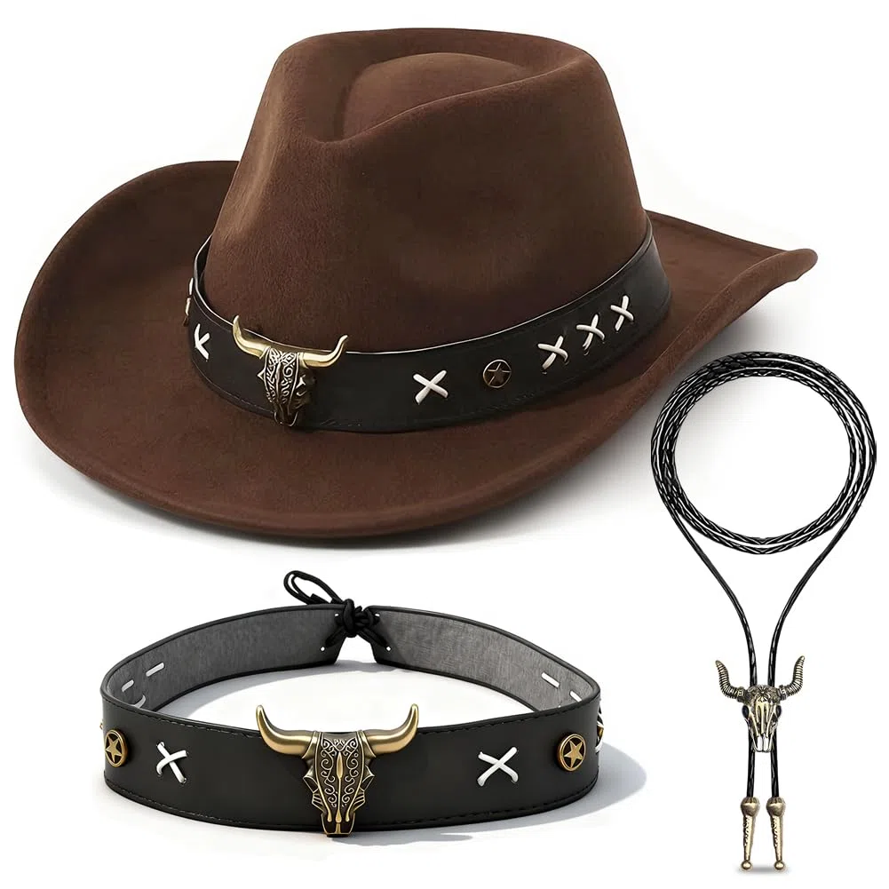 Cappello da Cowboy Western con dettagli testa di toro e cuciture X, cravatta in pelle e fascia per cappello inclusi, accessorio per Carnevale, Halloween e feste a tema Western, regalo