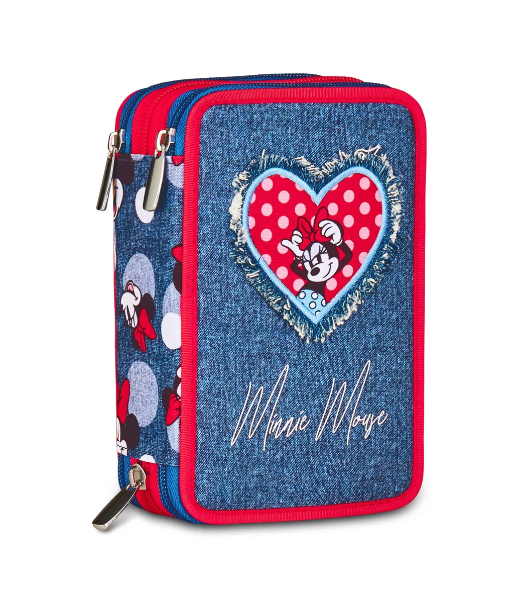 Seven Minnie Astuccio Scuola 3 Zip, Blu Denim, Portapenne Triplo Scomparto Completo Di Penne, Matite, Colori, Scuole Elementari, Bambina