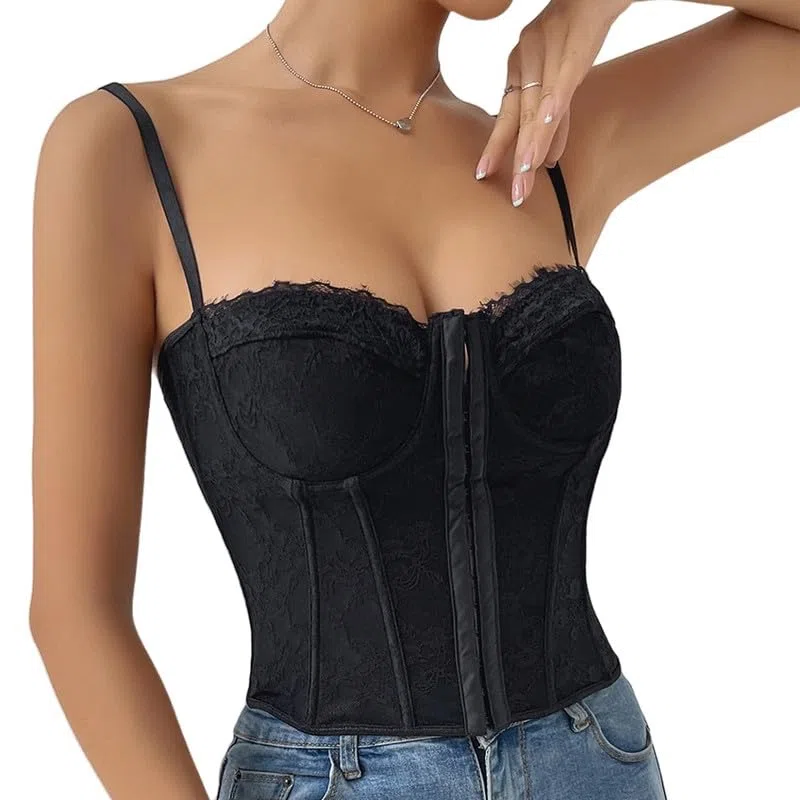 Haibang Corsetto da Donna Eleganta Pizzo Bustier con Spalline Sottili Fronte Aperto Disossato Corpetto Top Floreale Curvy Corsetto Bustino Sexy Canotta Regolabile Corset Bodyshaper Mode Clubwear