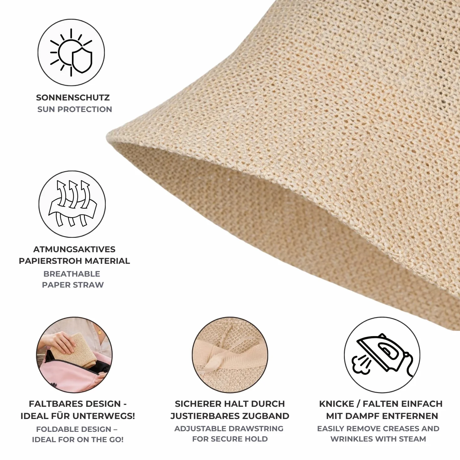 styleBREAKER Cappello da Sole Femminile in Paglia di Carta Pieghevole, Cappello da Pescatore Leggero con Fascia Antiscivolo, Protezione Solare Estiva per Outdoor e Spiaggia