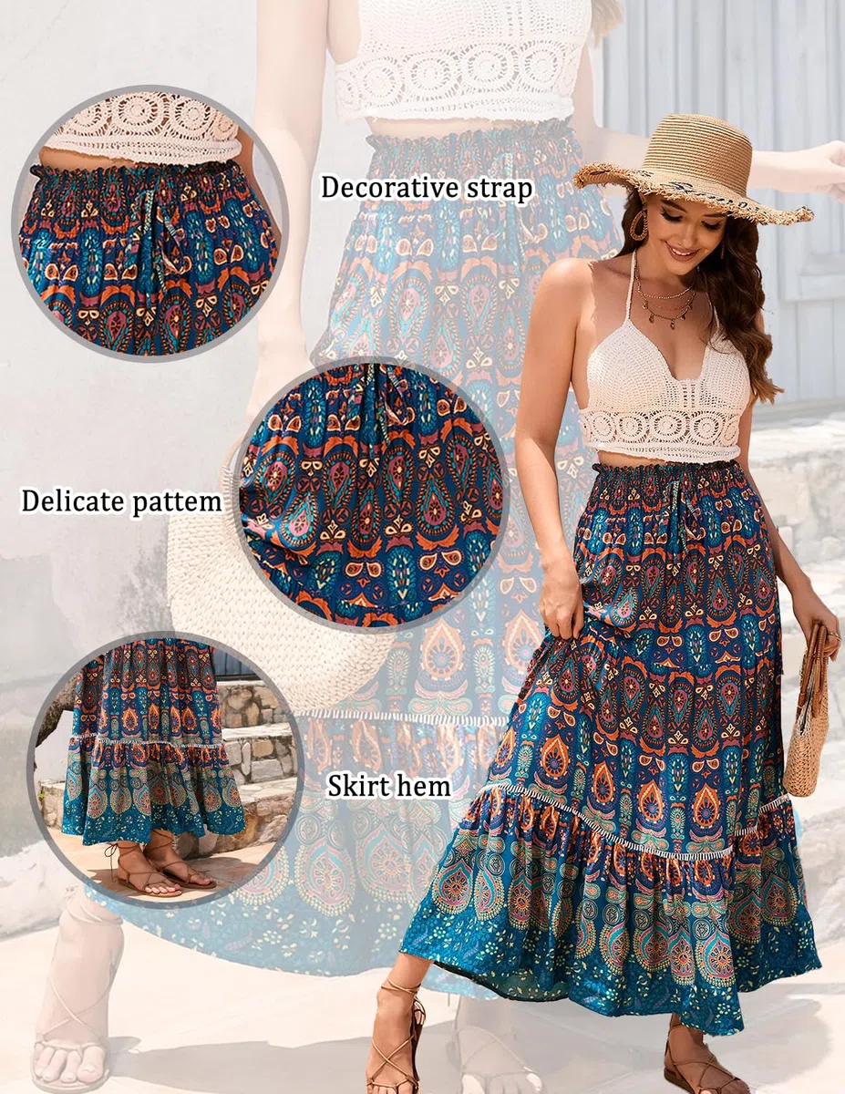 Donna Gonna Lunga Stampata Bohémien 2 in 1 Abito da Spiaggia Casual Estivo Elegant Vita Alt Gonna