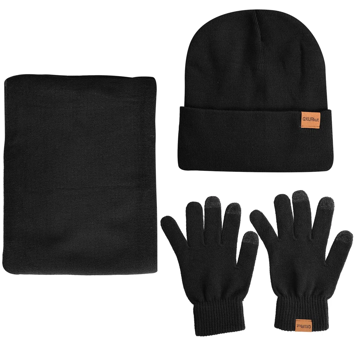 Cappello Sciarpa Guanti Set per Uomo Donna, Invernale Beanie Berretto in Maglia Scaldacollo Sciarpa con Fodera in Pile e Guanti Touch Screen (Nero)