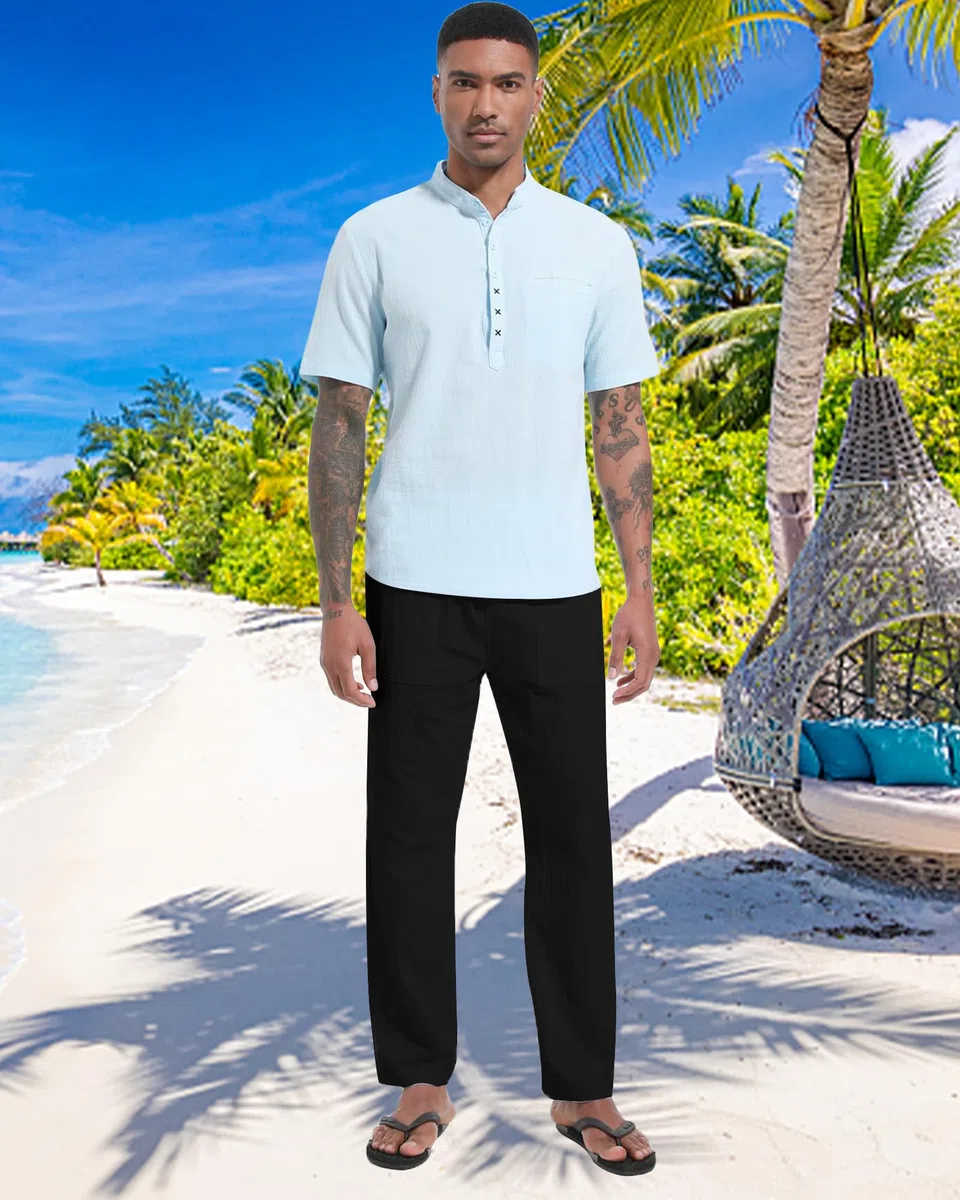 LVCBL Pantaloni Sportivi Casual in Lino da Uomo Estivi Larghi per Yoga Spiaggia con Elastico in Vita,M-3XL
