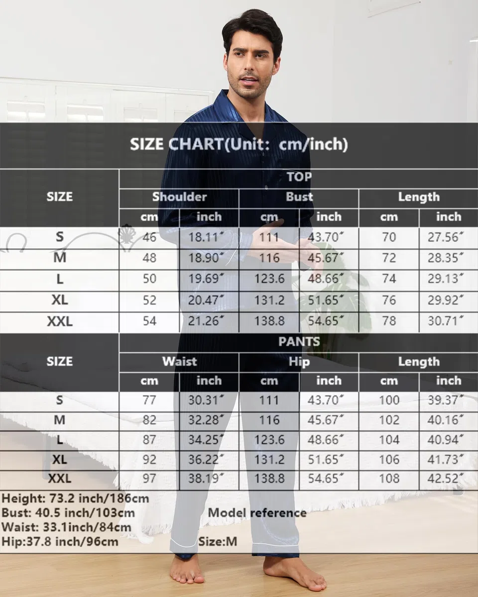 Pigiama da Uomo in Raso di Seta, Due Pezzi Set Completo con Camicia a Maniche Lunghe Bottoni e Pantaloni Eleganti con Tasche Abbigliamento Casa di Lusso
