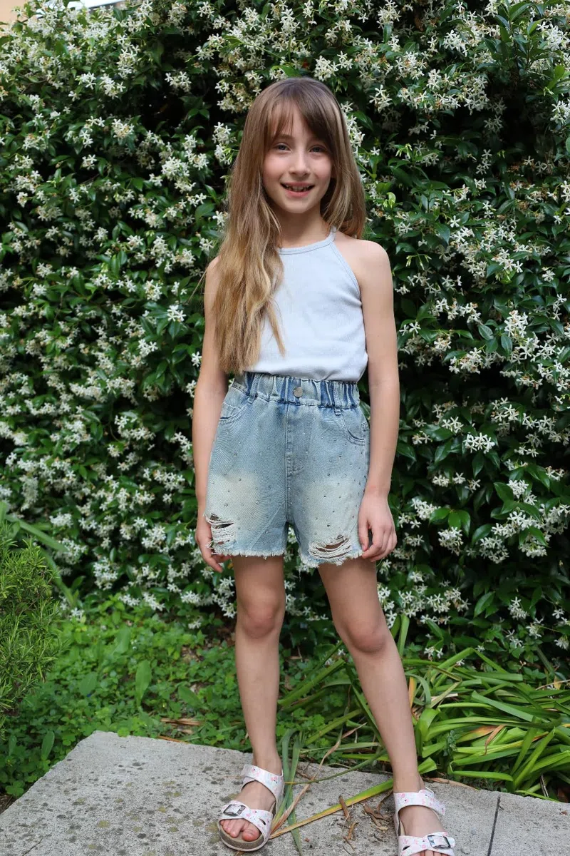 Rolanko Shorts Denim per Ragazze con Vita Elastica Estate Jeans Corti Strappati con Tasche Pantaloncini per Bambini