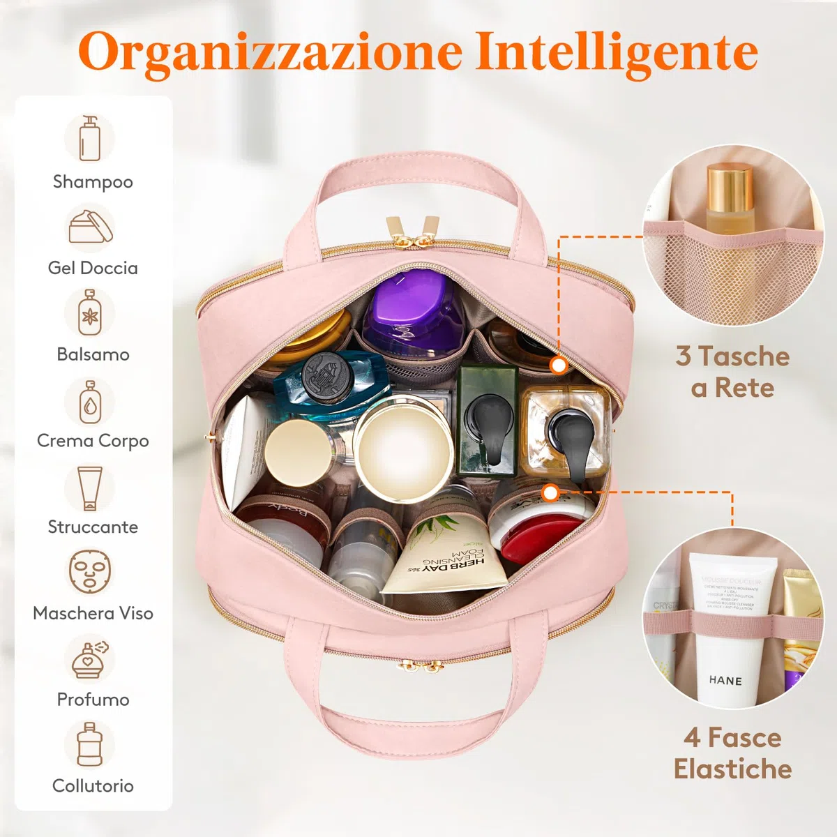 Lifewit Beauty Case da Viaggio da Donna, Beauty da Viaggio, Beauty Case Donna Uomo, Borsa da Toilette, Morbido Pochette Grande con Manico, Porta Trucchi, Regalo per Donna, L, Rosa