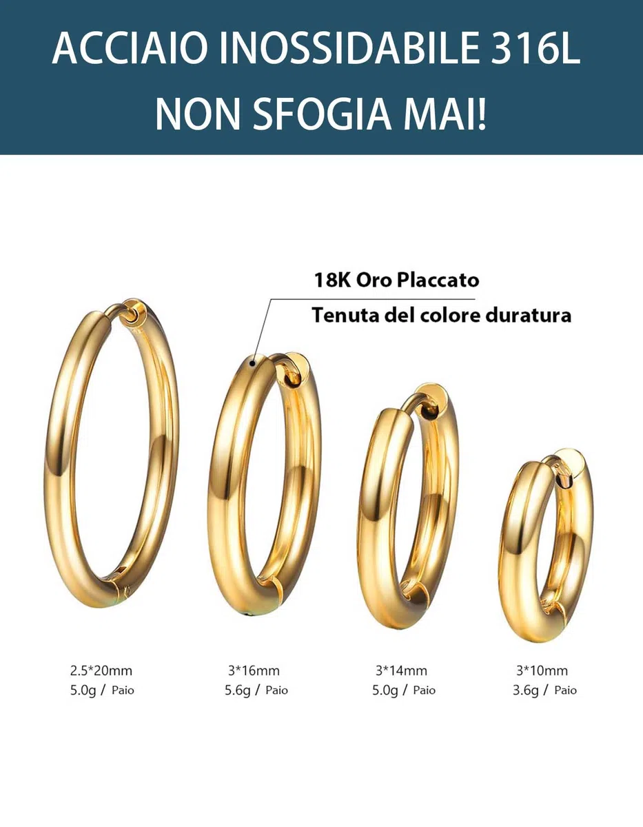 PROSTEEL Set di orecchini da uomo, unisex, alla moda, in acciaio inossidabile 316L, placcati oro/placcati in metallo nero (3 o 4 pezzi)