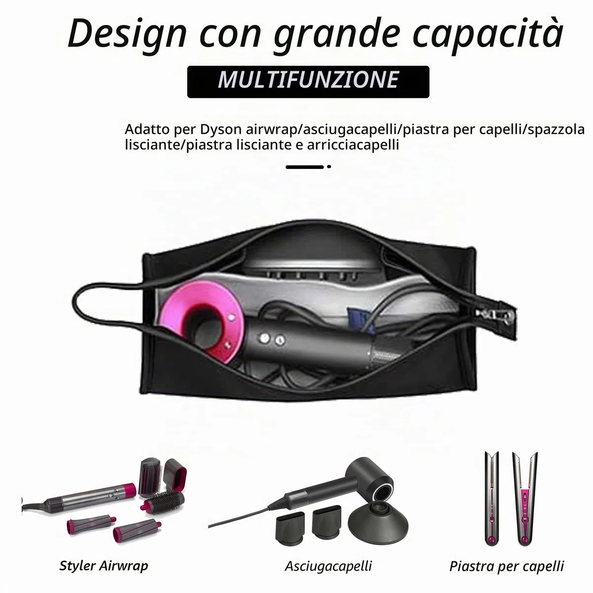 Borsa da viaggio per Dyson Airwrap Asciugacapelli Supersonic accessori custodia porta (Nero-Impermeabile PU Leather)