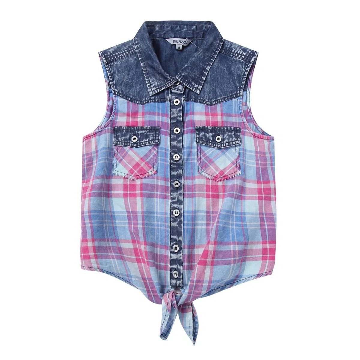 Bienzoe Ragazza Plaid Denim Senza Maniche Casual Camicetta