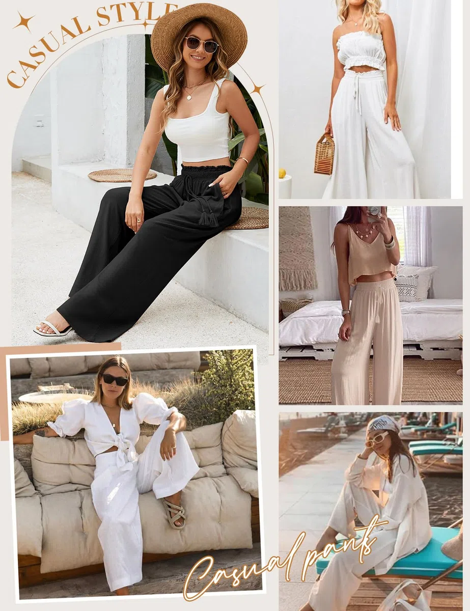 Pantaloni Donna Estivi Cotone e Lino Pantalone Elastico a Vita Alta Eleganti Pantaloni Comodi Loose Lounge Pantaloni da Spiaggia con Tasche
