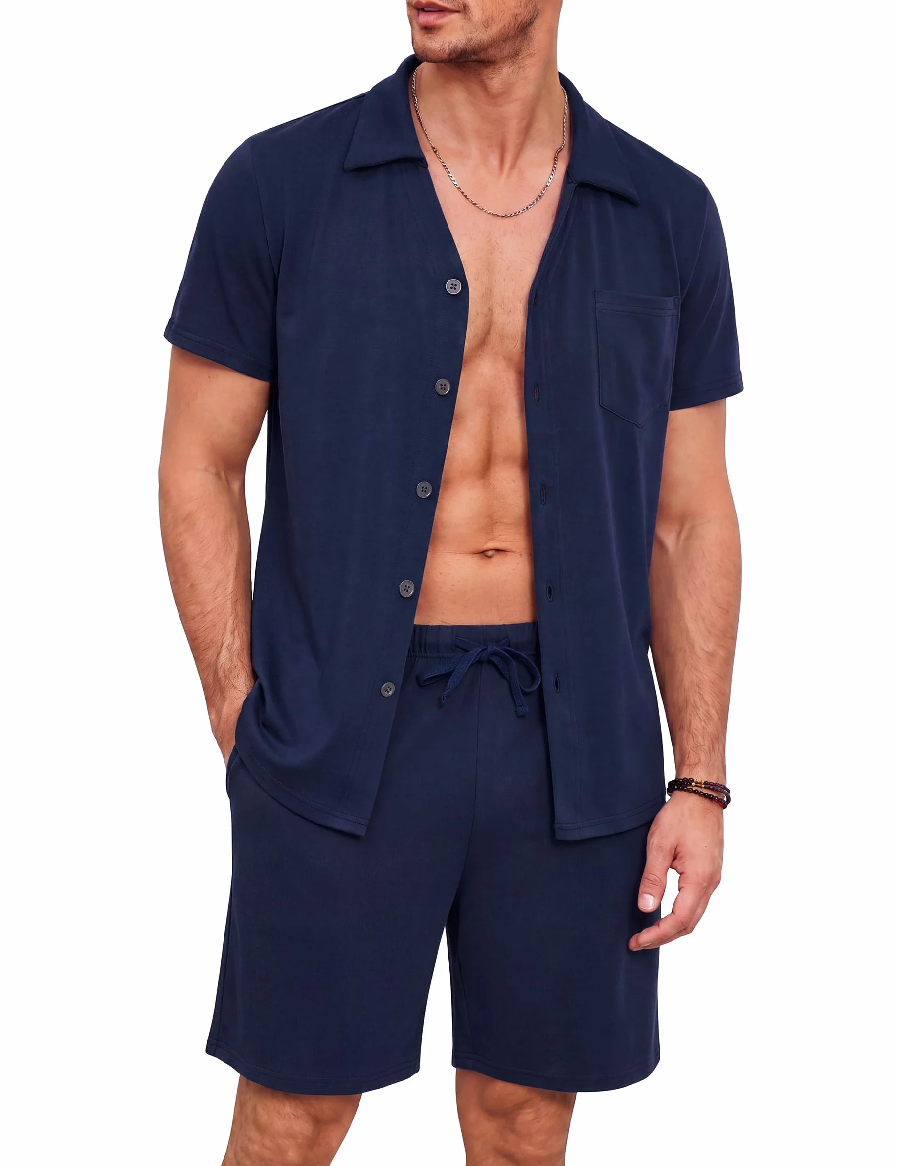 Bresdk Pigiama Uomo Estivo Corto con Camicia Abbottonata e Shorts Maniche Corte Abbigliamento da Notte in Cotone