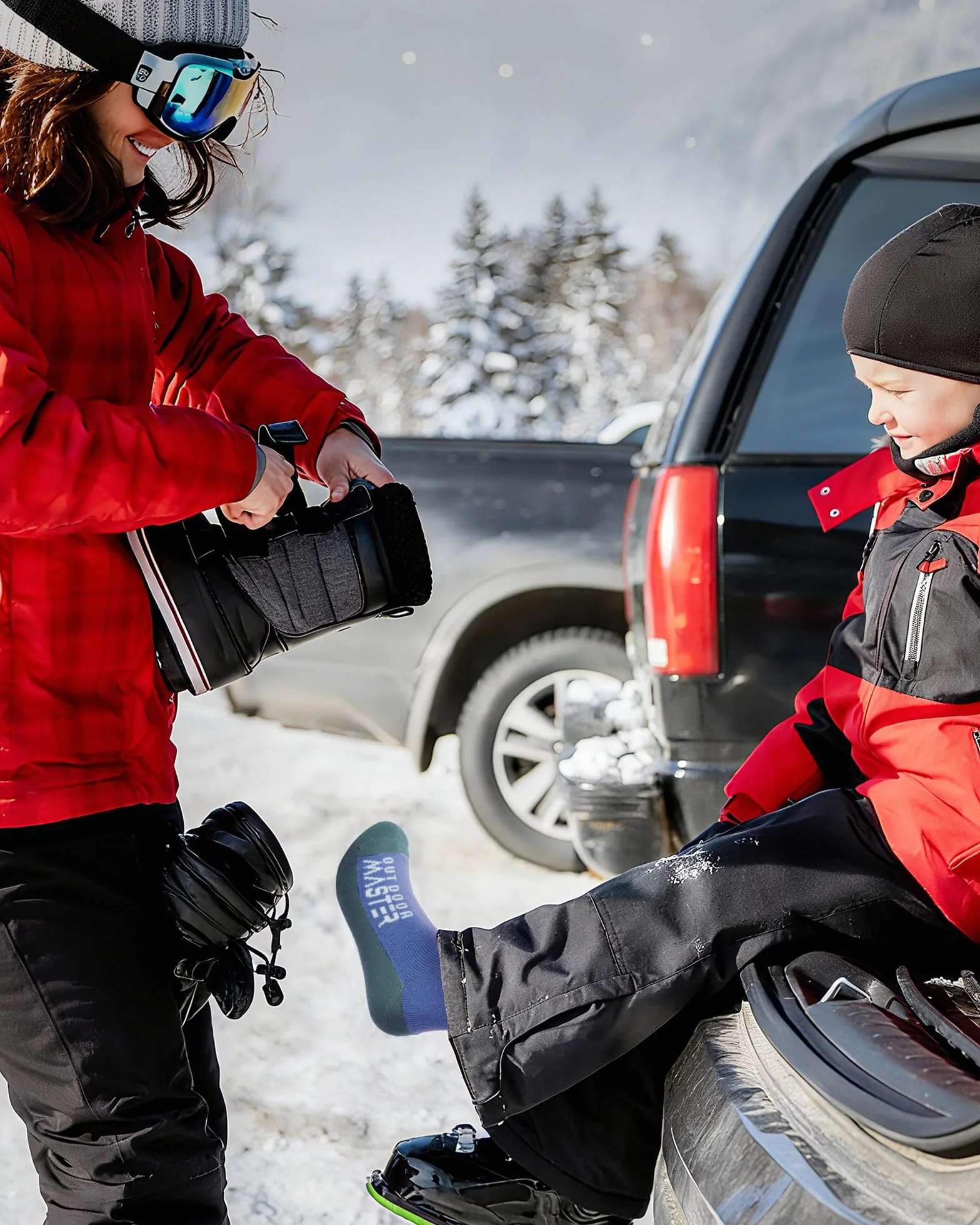 OutdoorMaster 2 Paia Lana Merino Calze da Sci per bambini, Calze Invernali da Snowboard Traspiranti per Ragazze/Ragazzi per Sport All'aria aperta con Sopra il Polpaccio Design/Polsini Antiscivolo