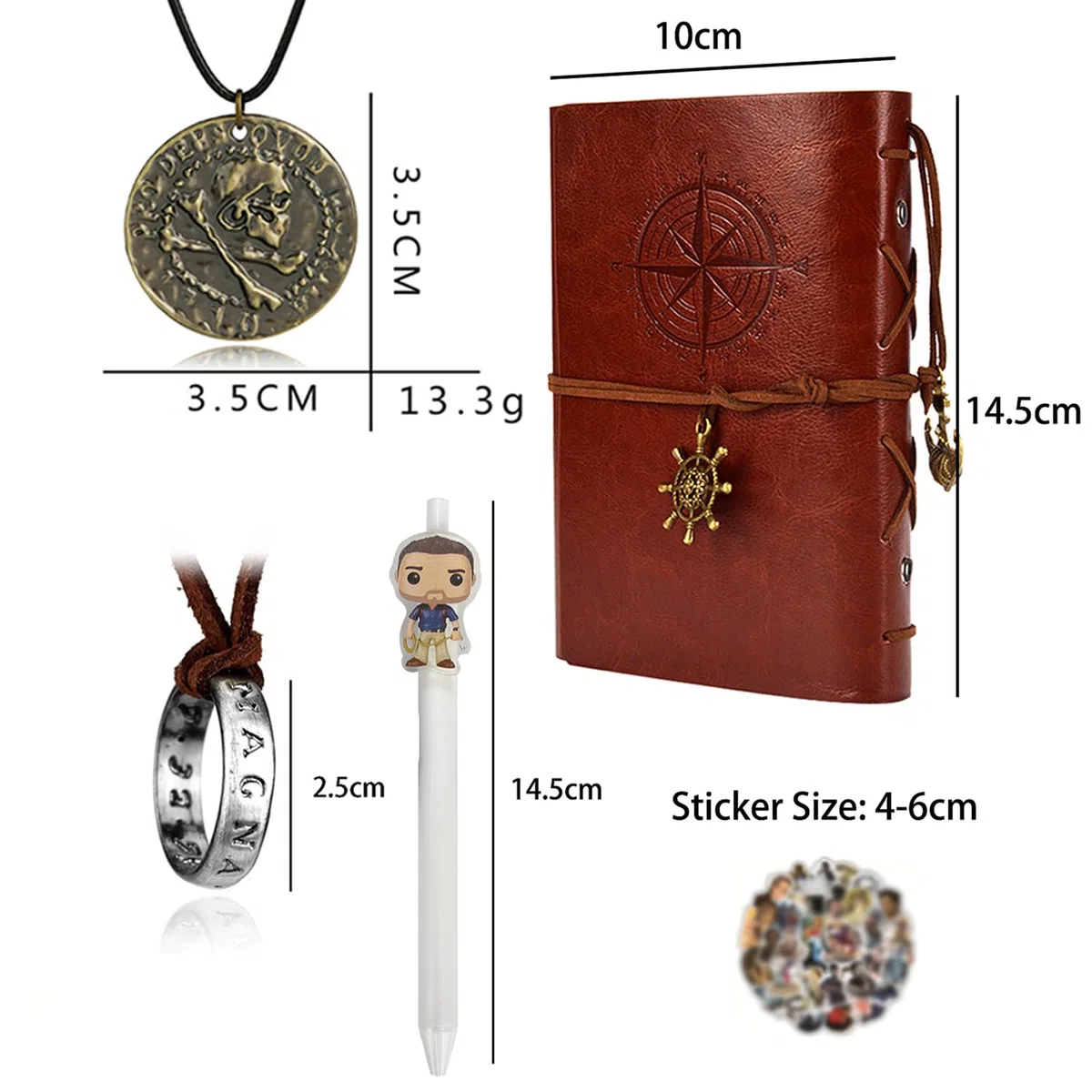 UoYu Uncharted - Set di 4 gioielli con teschio in bronzo, collana con anello e braccialetto in pelle, diario e taccuino con penna
