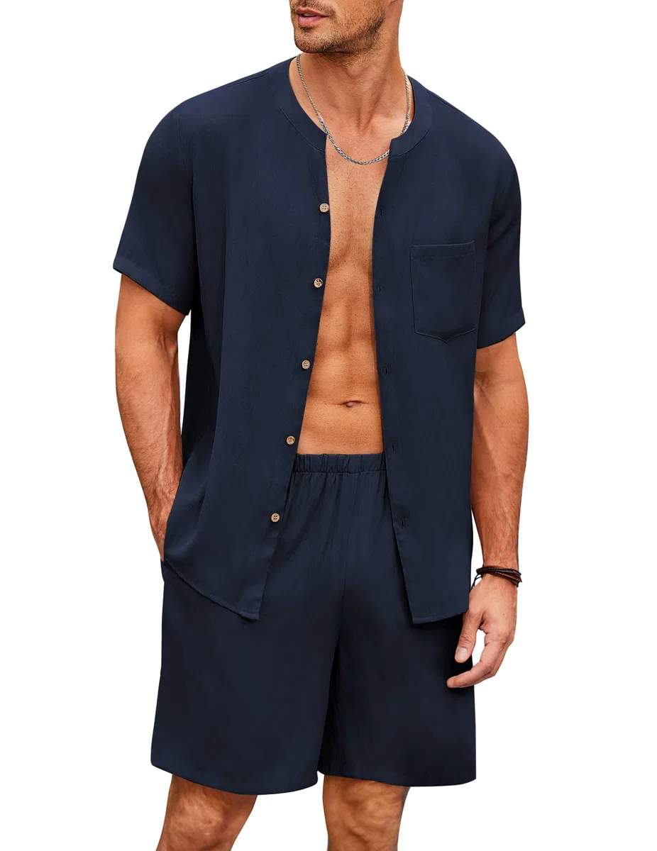 Ekouaer Pigiama da Uomo Estate Pigiami Due Pezzi Manica Corta Pantaloni Pigiama da Notte Camicia, S-XXL