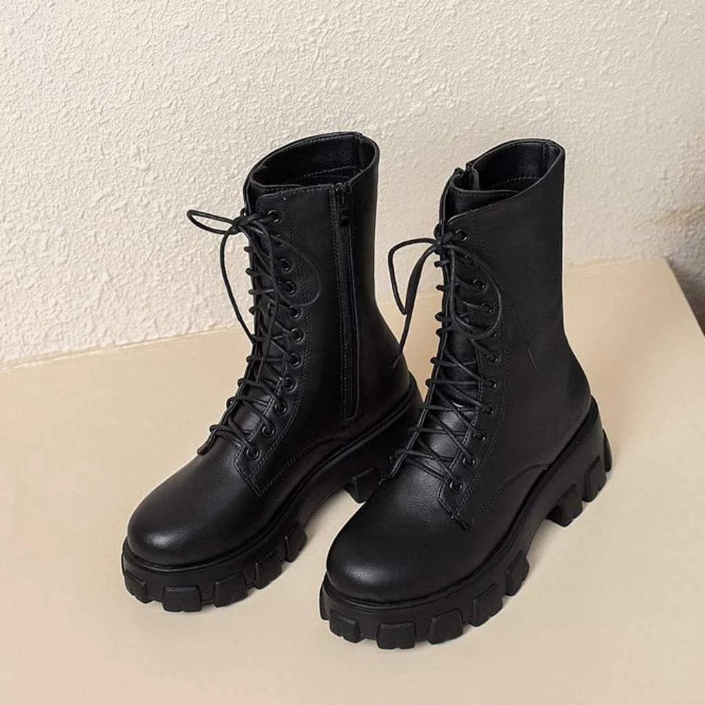 Stivali stringati da donna, da combattimento, da donna, in pelle, con plateau, da equitazione, per autunno, inverno, da lavoro