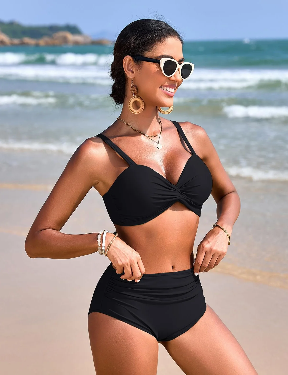 Costume Donna Due Pezzi Vita Alta Controllo Addominale Bikini Sexy Scollo a V Push Up Costumi Design alla Moda con Blocchi di Colore Piscina e Spiaggia