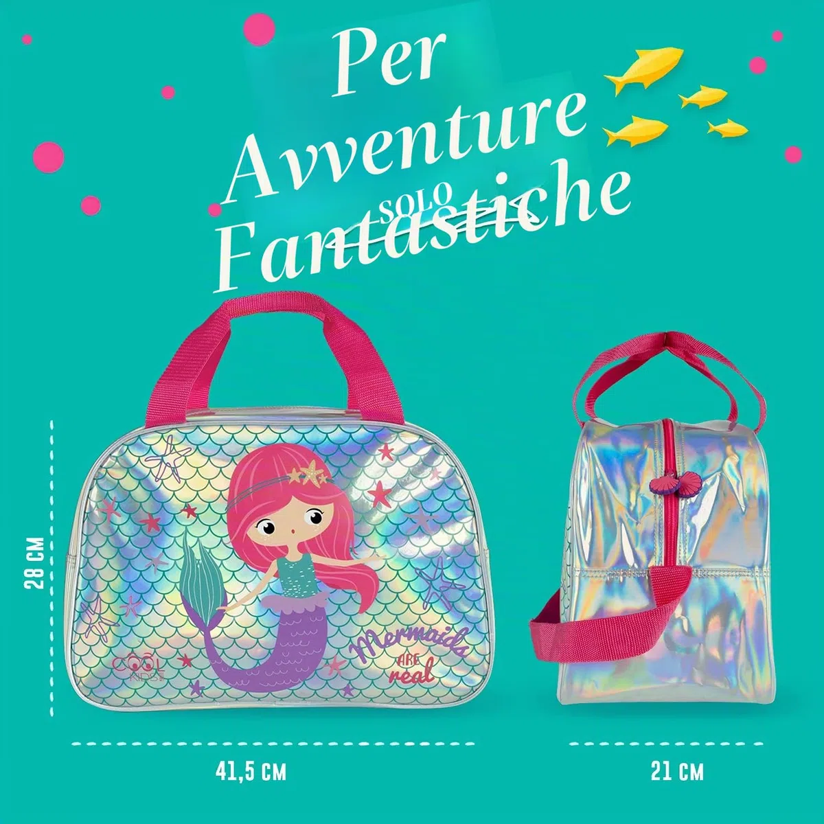 PERLETTI Borsa sportiva per bambini, ragazza, rosa o argento, borsa da viaggio e tempo libero a tracolla per ragazza, unicorno o sirena, borsa da palestra riflettente con stelle e paillettes, 28 x 41