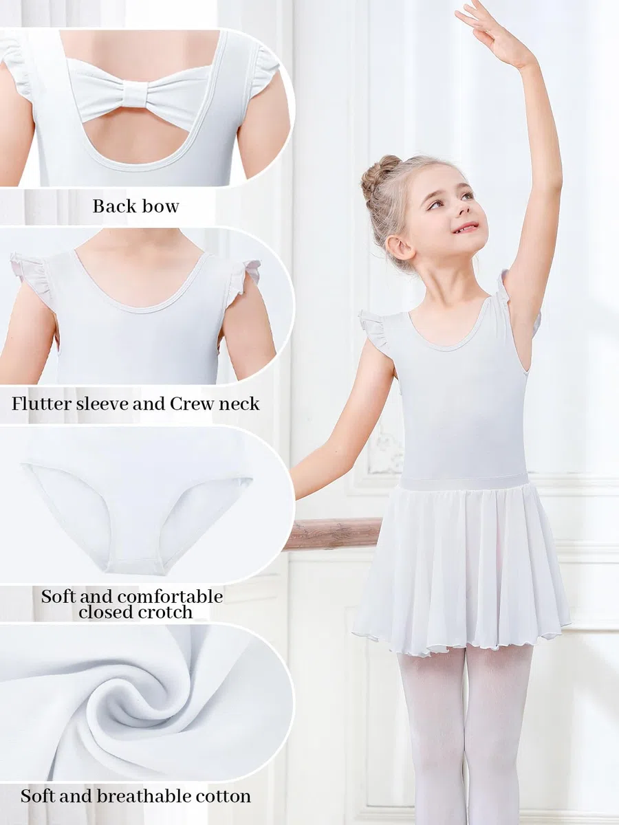 Body da danza per ragazze, con maniche svolazzanti, in cotone, con gonna rimovibile, vestito da ballerina per 3-11 anni
