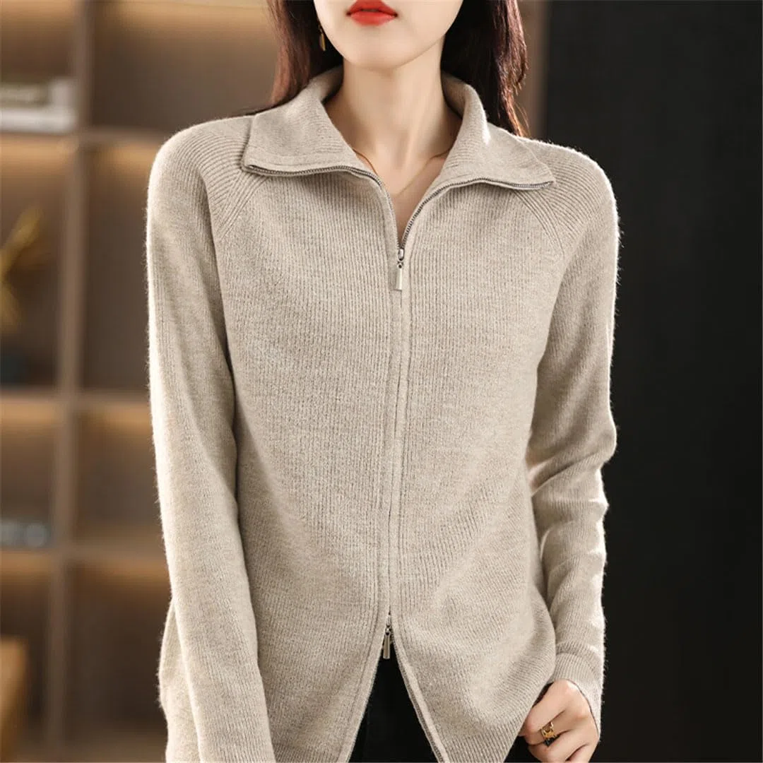 Ownwfeat Maglione di Lana da Donna Doppia Cerniera Cardigan con Risvolto Inferiore Giacca da Donna in Maglia Casual
