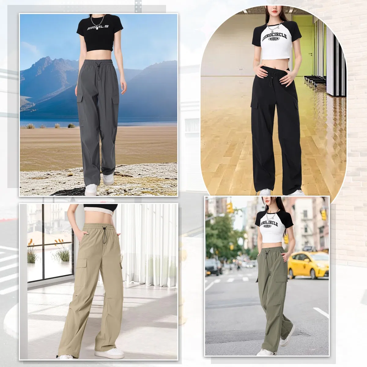 Pantaloni Cargo Donna Y2K Larghi Pantalone Lavoro ad Asciugatura Rapida Elasticizzati a Vita Alta Multi-Tasca Streetwear