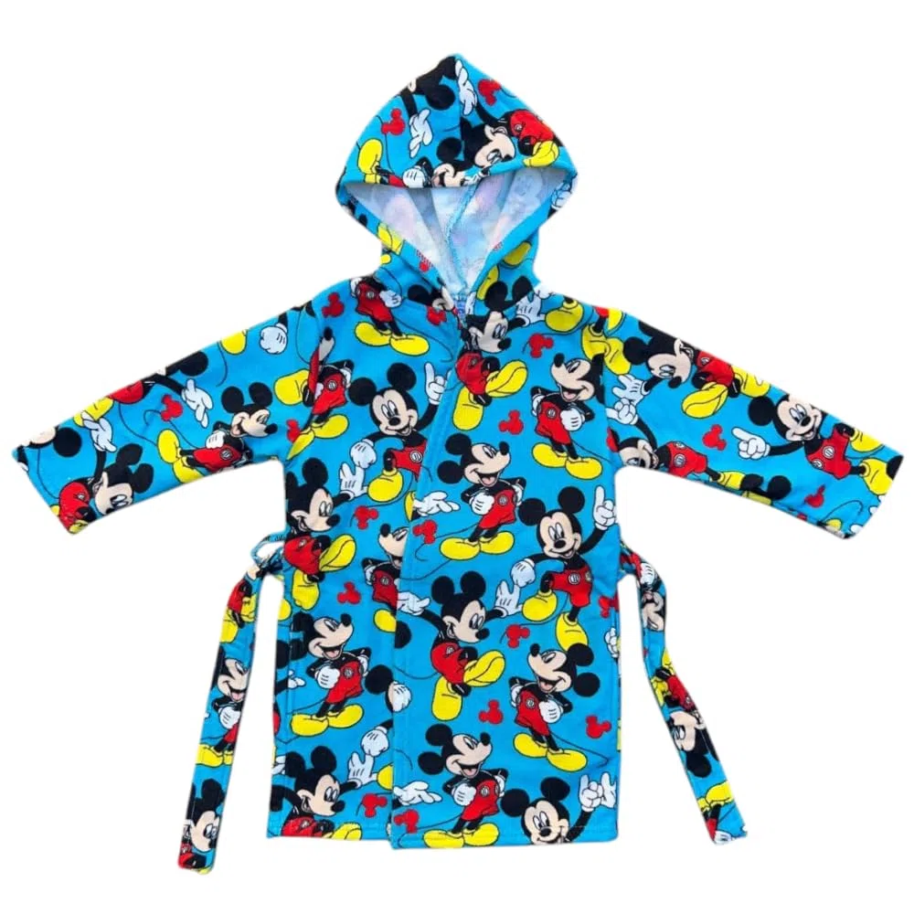 Accappatoio bambino Topolino Disney in microfibra 100% Poliestere con cappuccio e tasche asciugatura rapida ideale per bagno piscina mare