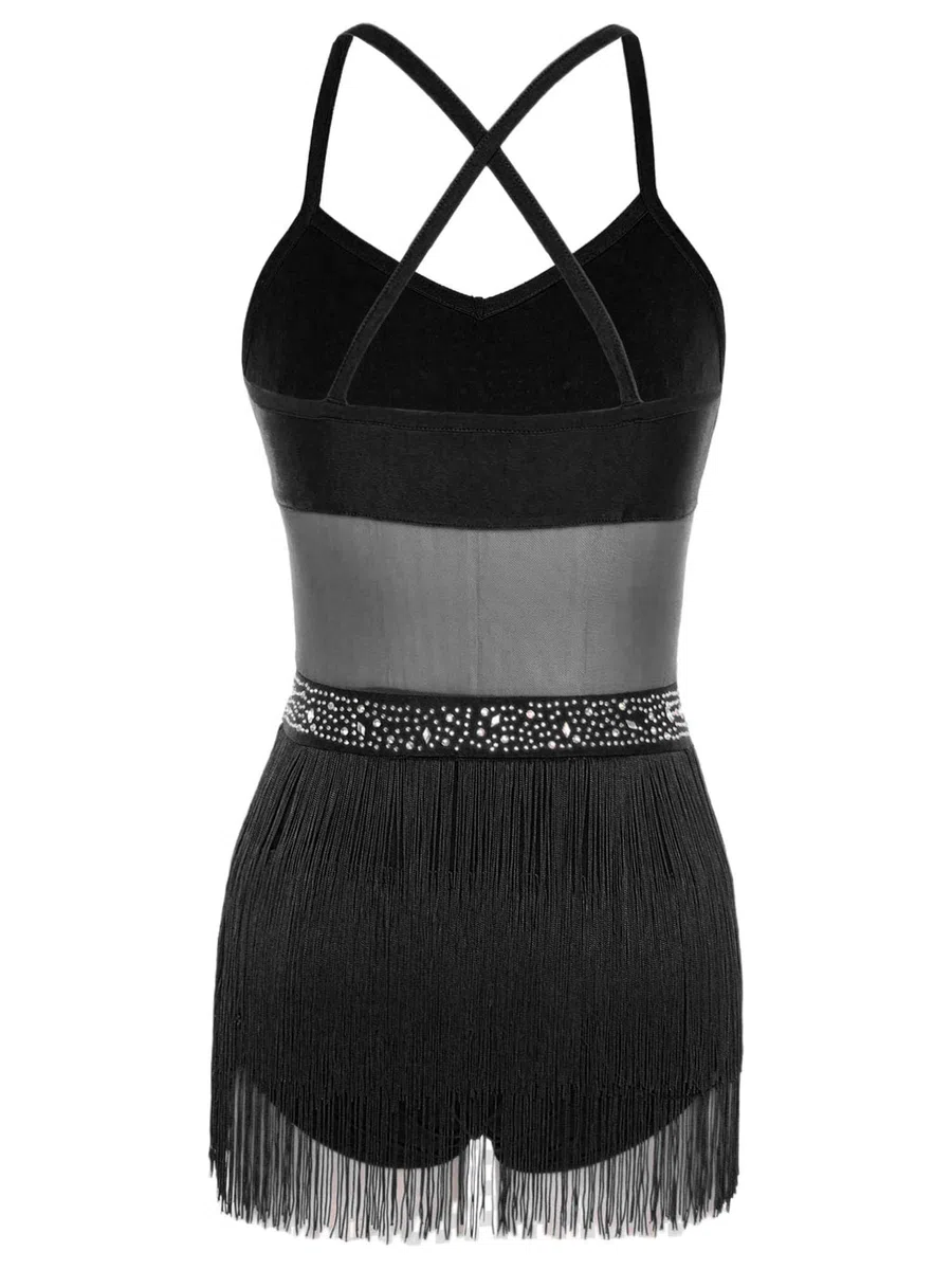 dPois Vestito da Ballo Latino Americano Tango Donna con Guanti Abito da Pattinaggio Artistico con Frange Nappe Body Ginnastica Ritmica Costume Danza Samba Rumba Salsa