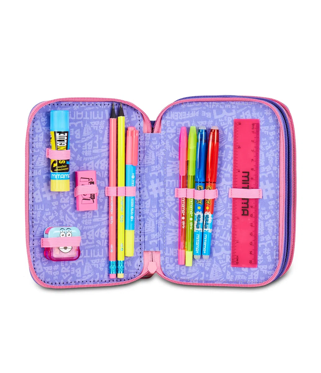 Mitama Astuccio Scuola 3 Scomparti, TRIPLO RAINBOW DREAM, Contenuto 47 pz, Completo di Matite, Pennarelli, Portapenne Scuola Elementare Bambina