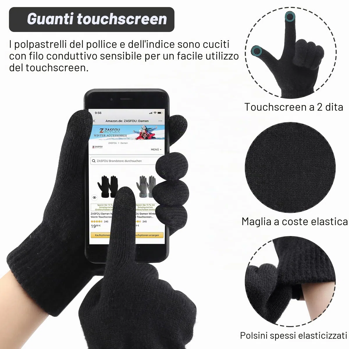 ZASFOU Set di guanti invernali da uomo, in maglia, con protezione touch screen, con cappuccio e teschio, foderati in pile
