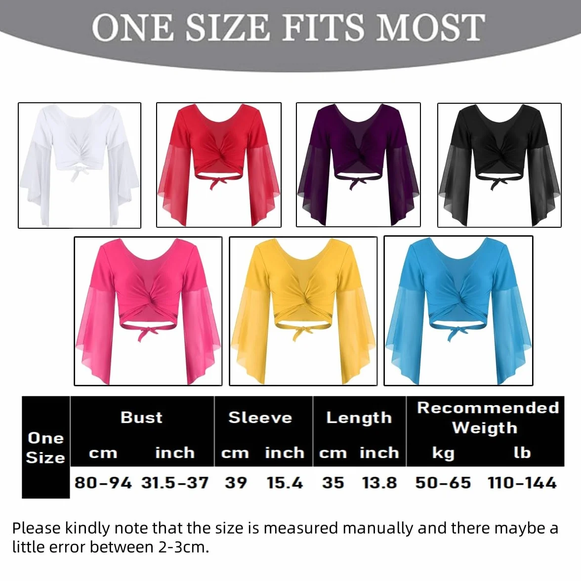 Top corto da danza con maniche svasate da donna, top avvolgente classica scollo V maniche 3/4 in tulle, camicia lacci per danza del ventre tribale, camicetta con nappe for annodare per abbigliamento