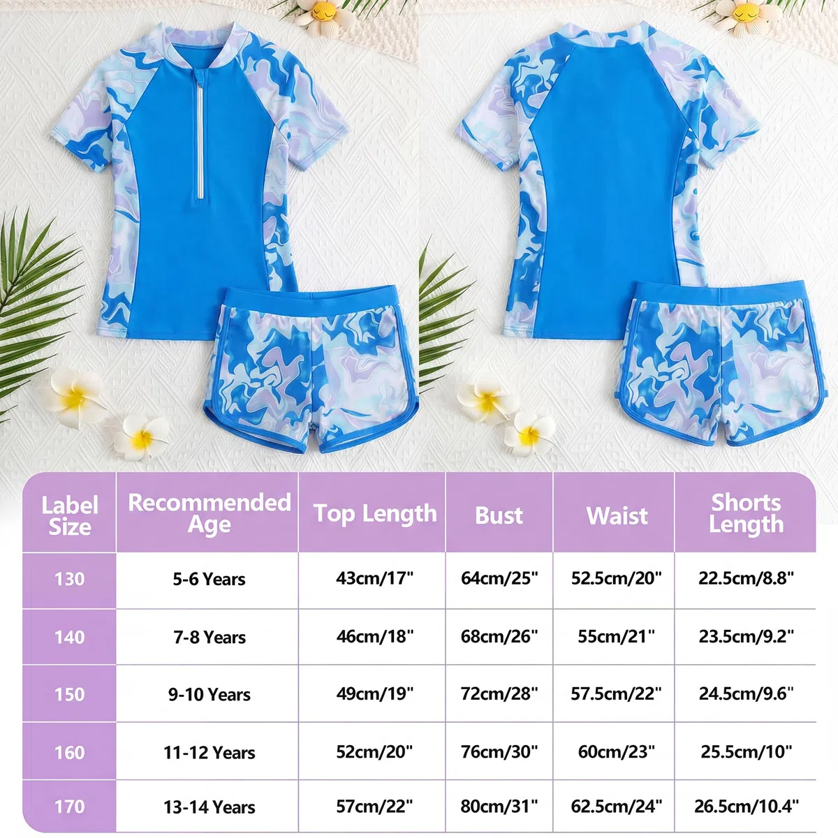 Costume da Bagno Ragazze 2 Pezzi a Manica Corta con Zip e Pantaloncini Morbidi, Stampa Floreale Rash Guard Protezione Solare Costume Piscina Spiaggia Nuoto per Bambini 5-14 Anni