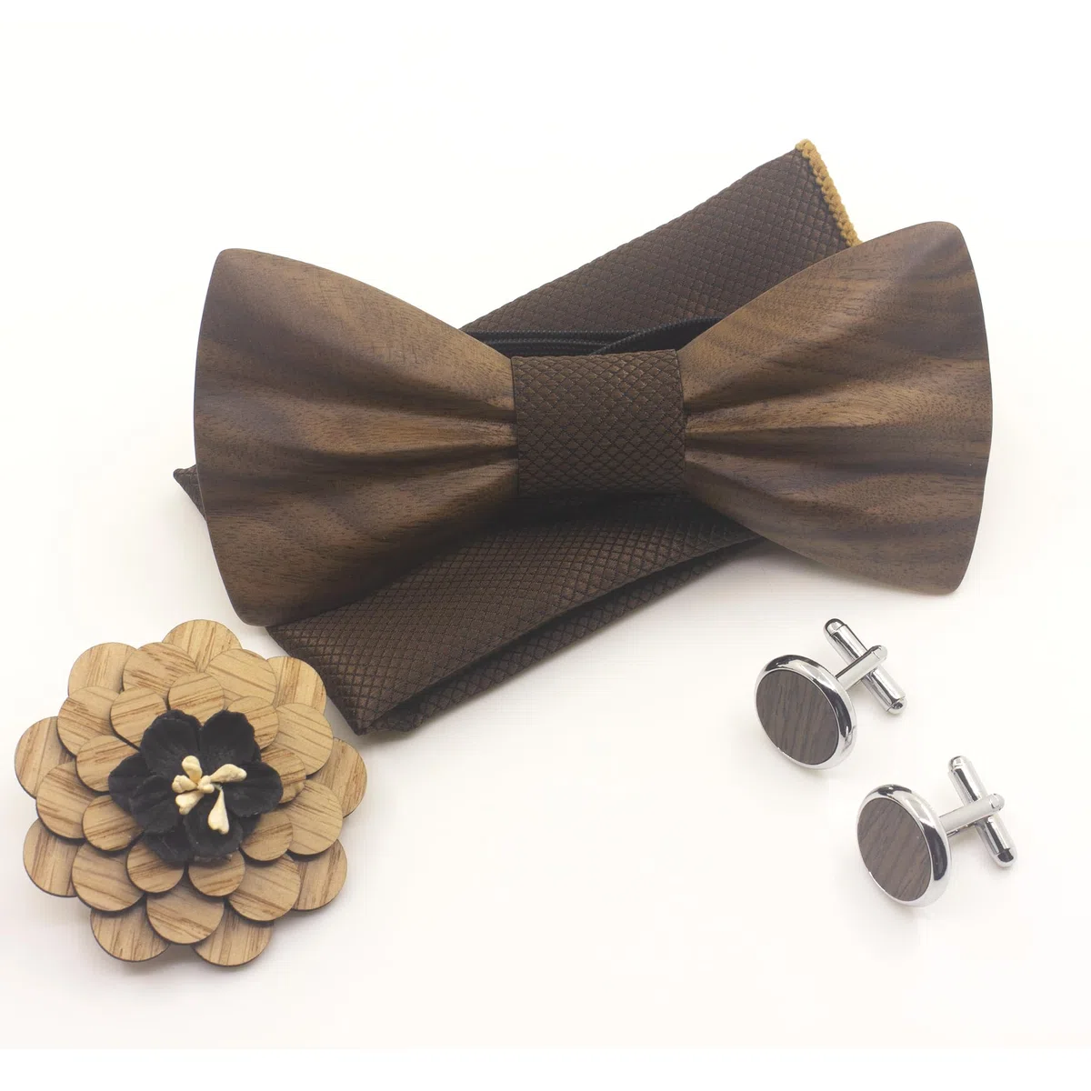 Papillon Legno Uomo Fazzoletto Gemelli Set Papillon da Matrimonio Business Festa Lavoro Laurea