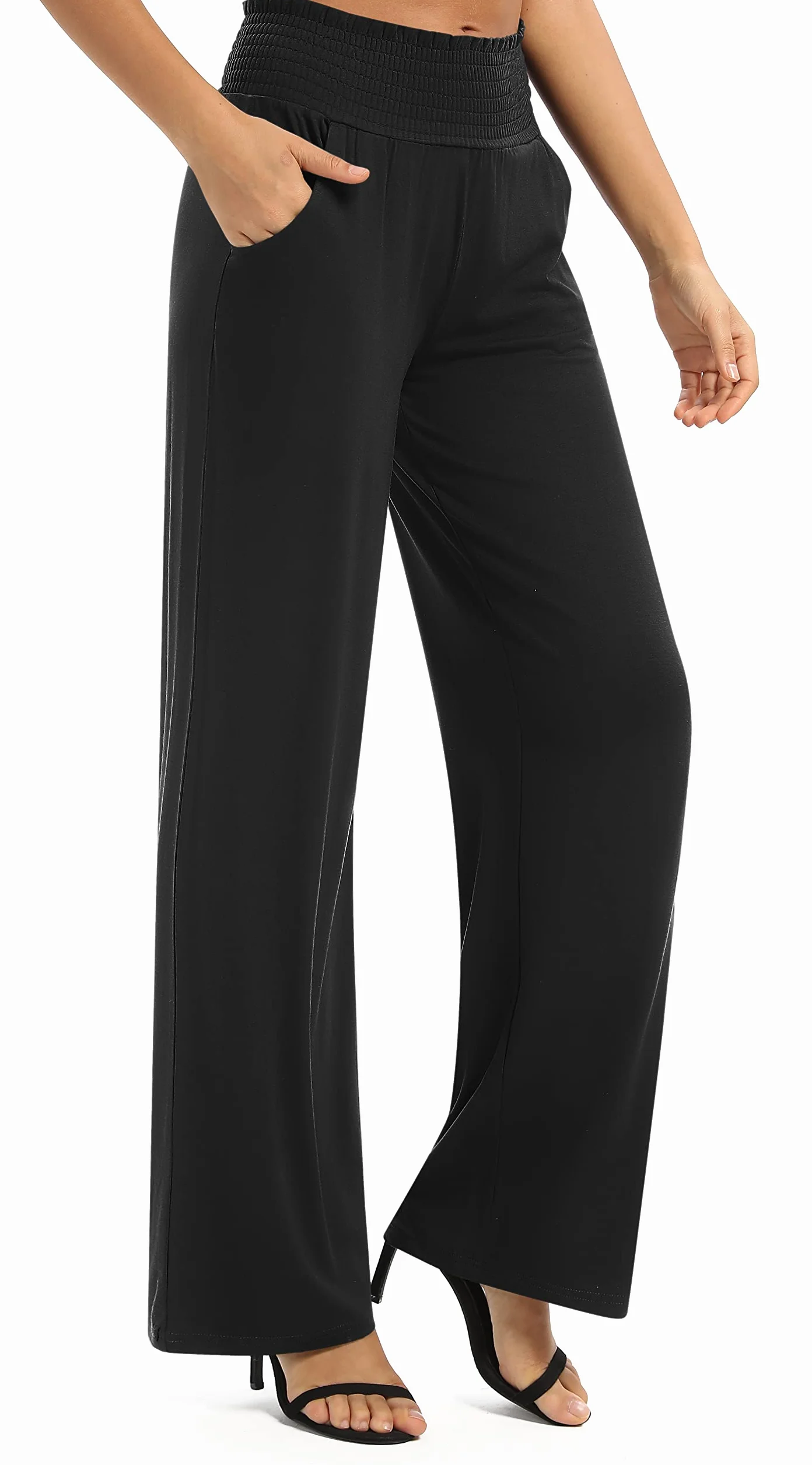 Donna Solido Sciolto Gamba Dritta Palazzo Pantaloni A Vita Alta Elastico Casual Pantaloni con Tasche