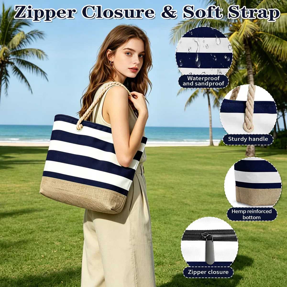 GEEKEO Borsa da spiaggia, grande borsa da spiaggia da donna, impermeabile e resistente alla sabbia, con chiusura lampo, borsa da spiaggia per la famiglia, borsa per la spesa per donne, spiaggia