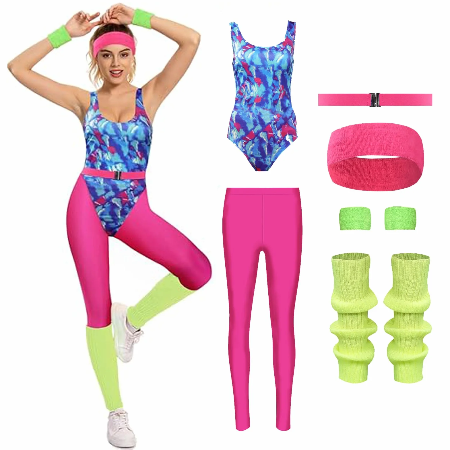Costume da fitness anni '80, da donna, stile retrò, tuta da yoga, pantaloni con accessori