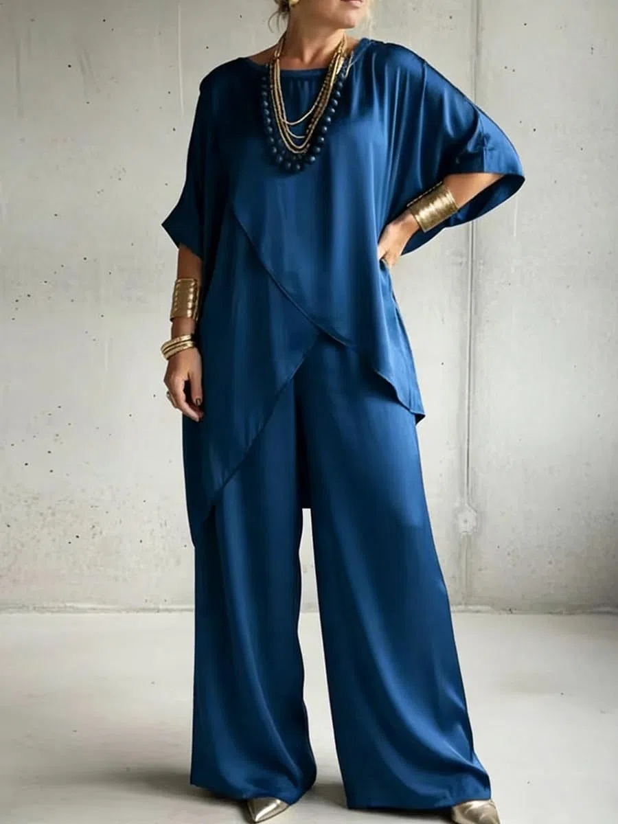 shownicer Completo Donna Elegante Raso Tuta Estivo 2 Pezzi Set Maniche Corte Top E Pantaloni Curvy Completo Due Pezzi Set Completi Tute
