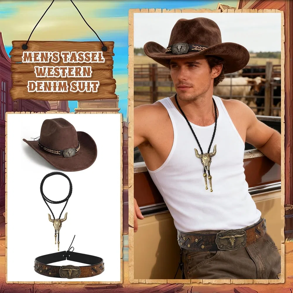 Cappello da Cowboy per Adulti Colore bronzo Cravatte da Cowboy in Pelle Fasce Per Cappelli in Pelle,Stile Cowboy Occidentale，Costumi di Carnevale，Halloween e Feste a Tema