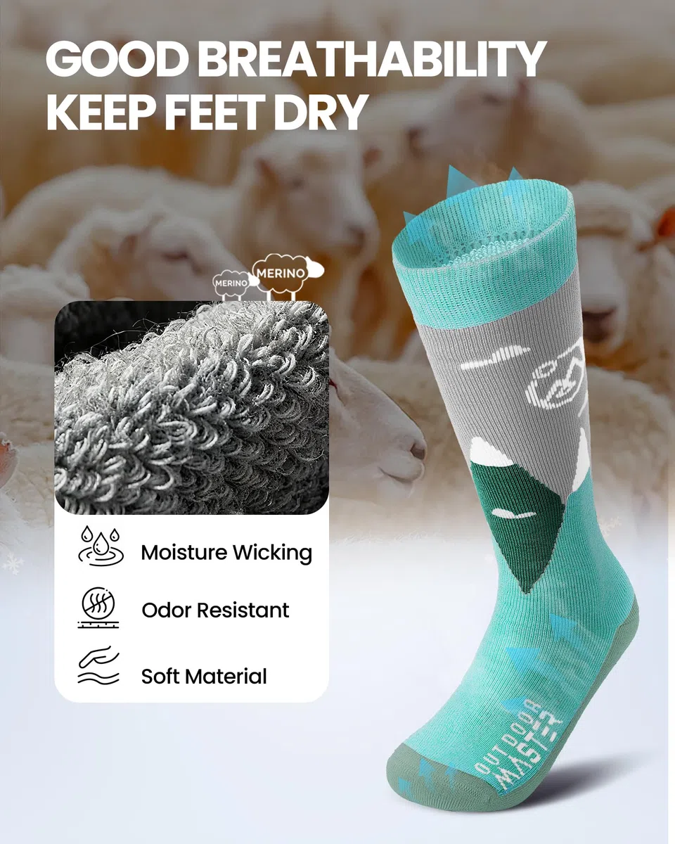 OutdoorMaster 2 Paia Lana Merino Calze da Sci per bambini, Calze Invernali da Snowboard Traspiranti per Ragazze/Ragazzi per Sport All'aria aperta con Sopra il Polpaccio Design/Polsini Antiscivolo