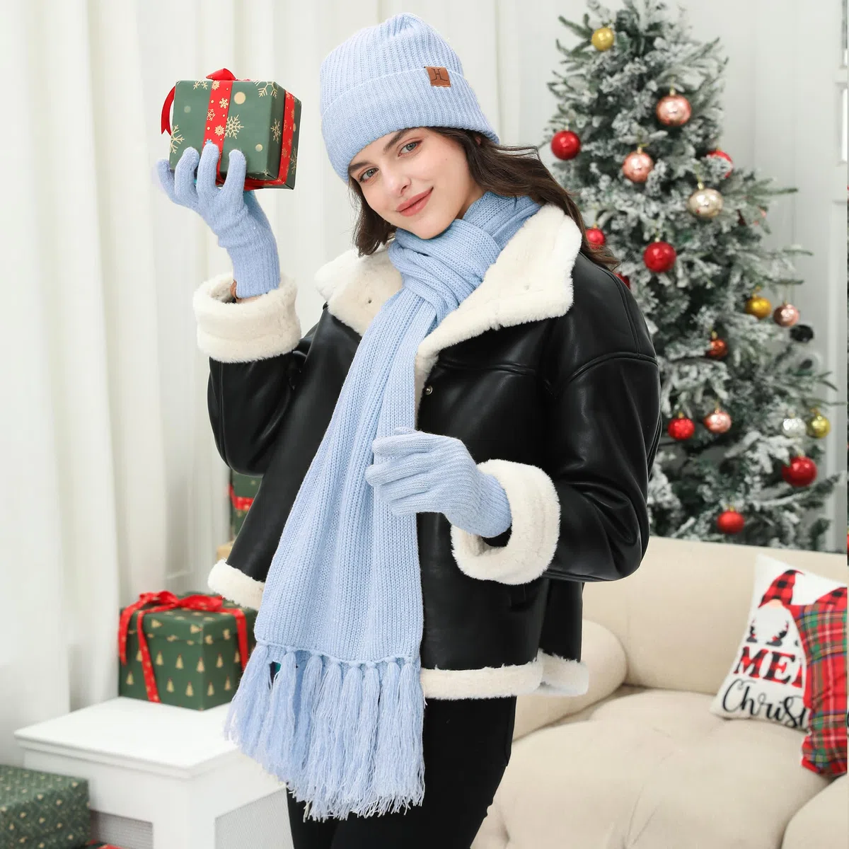 Invernale Termici Cappello Donna Guanti Touch Screen Sciarpa Set, Berretto Pile Doppio Lungo Sciarpe con Nappa