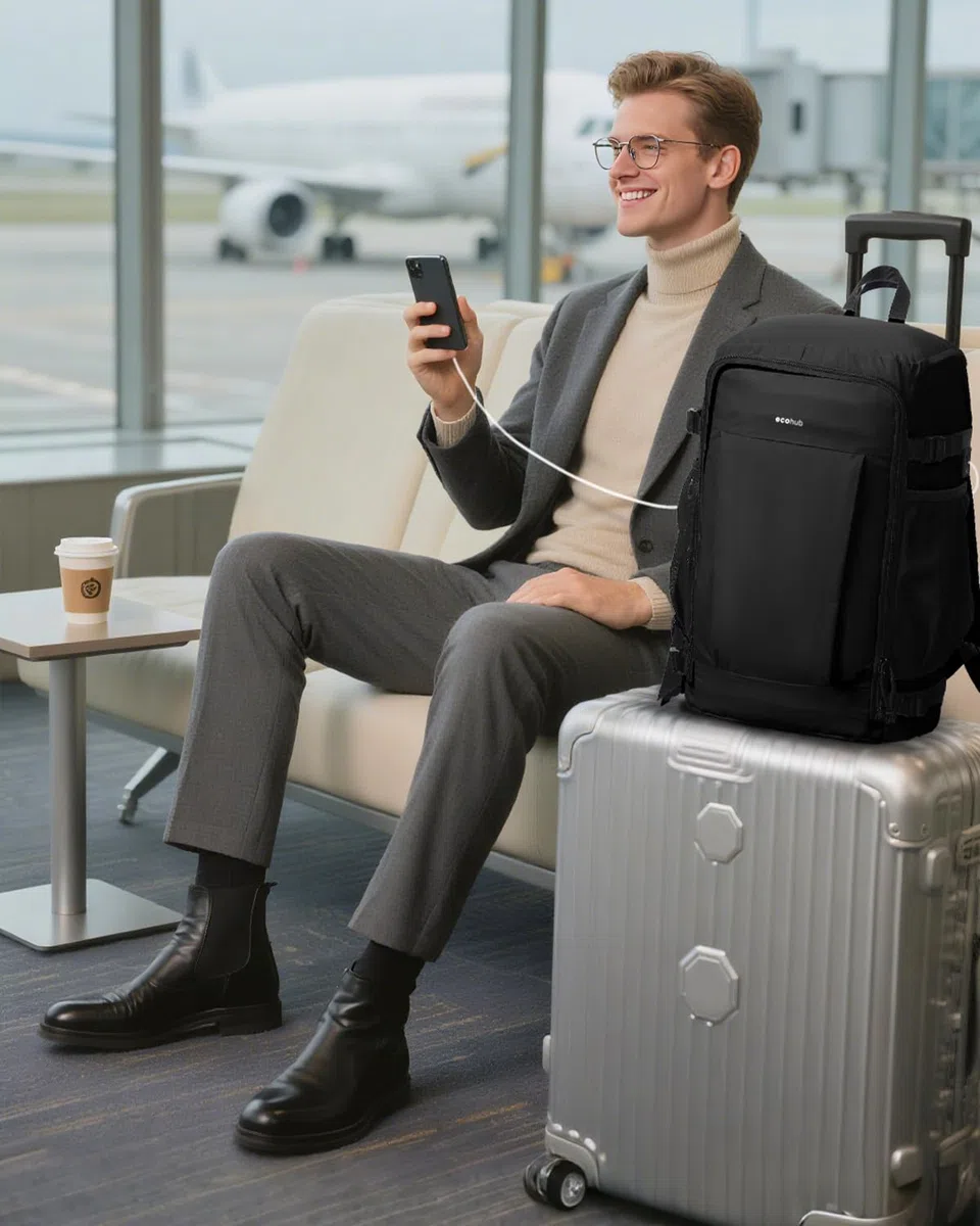 ECOHUB Zaino Ryanair 40x30x20 cm Leggero e 2 in 1, Zaino da Viaggio Pieghevole Sotto il Sedile, Bagaglio a Mano con Tasca Antifurto, Borsa da Cabina in Tessuto Riciclato per Uomo e Donna, Nero