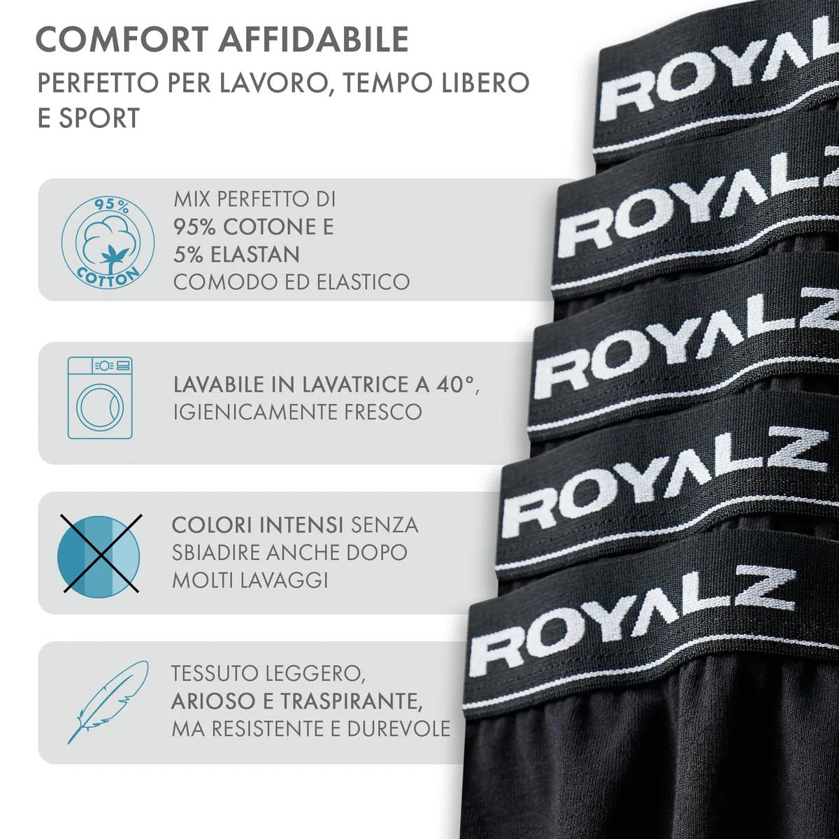 ROYALZ Boxer Uomo Classico Pacco da 5 Intimo Mutande Slip Elasticizzato 5 Pack(95% Cotone / 5% Elastan)
