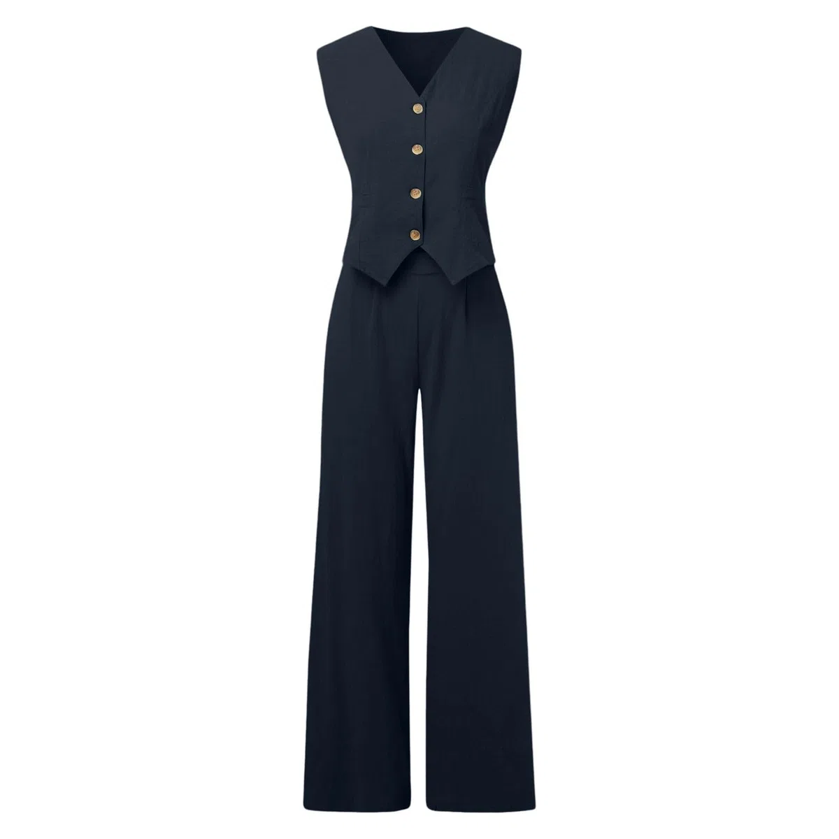Generico Tailleur Donna Eleganti 2 Pezzi Set Gilet Con Scollo a V Senza Maniche Pantaloni a Gamba Larga Forti Completo Set Estate Lino Abbinato Tuta