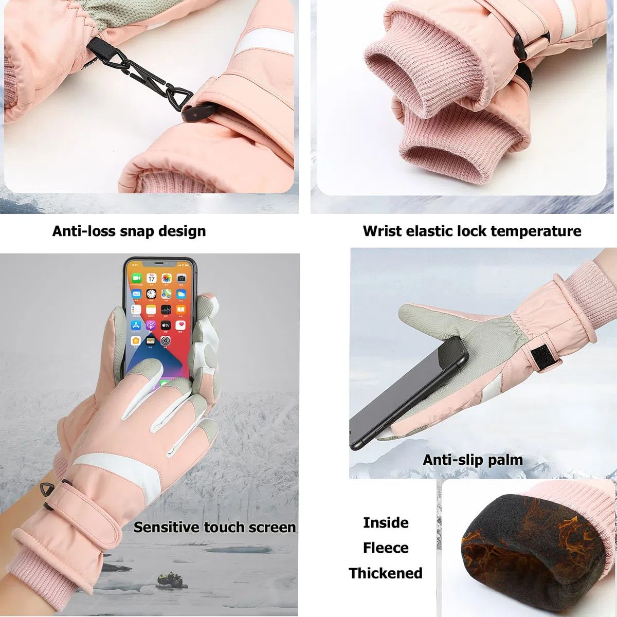 A-QMZL Guanti da Sci Donna Invernali Guanti Termici Impermeabili da Donna Guanti Antiscivolo Antivento Touchscreen Caldi Ispessiti per Sci Corsa Ciclismo Escursionismo Sport Sulla Neve