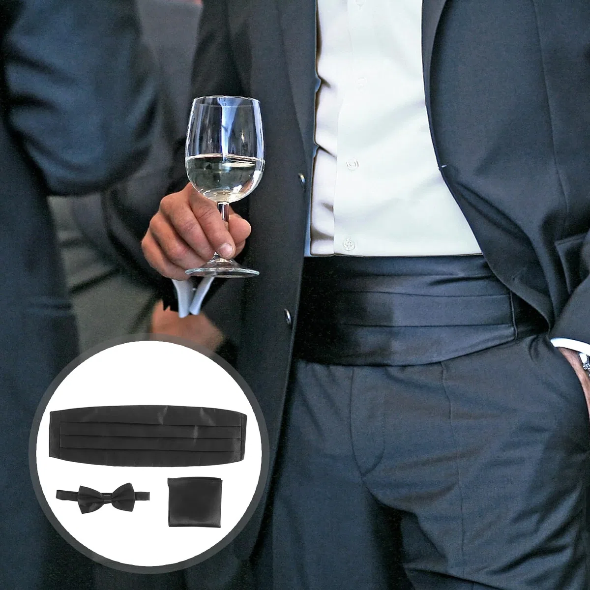 ROSENICE Uomini Raso Papillon Cummerbund Hanky Fazzoletto Set 3pcs (Nero)