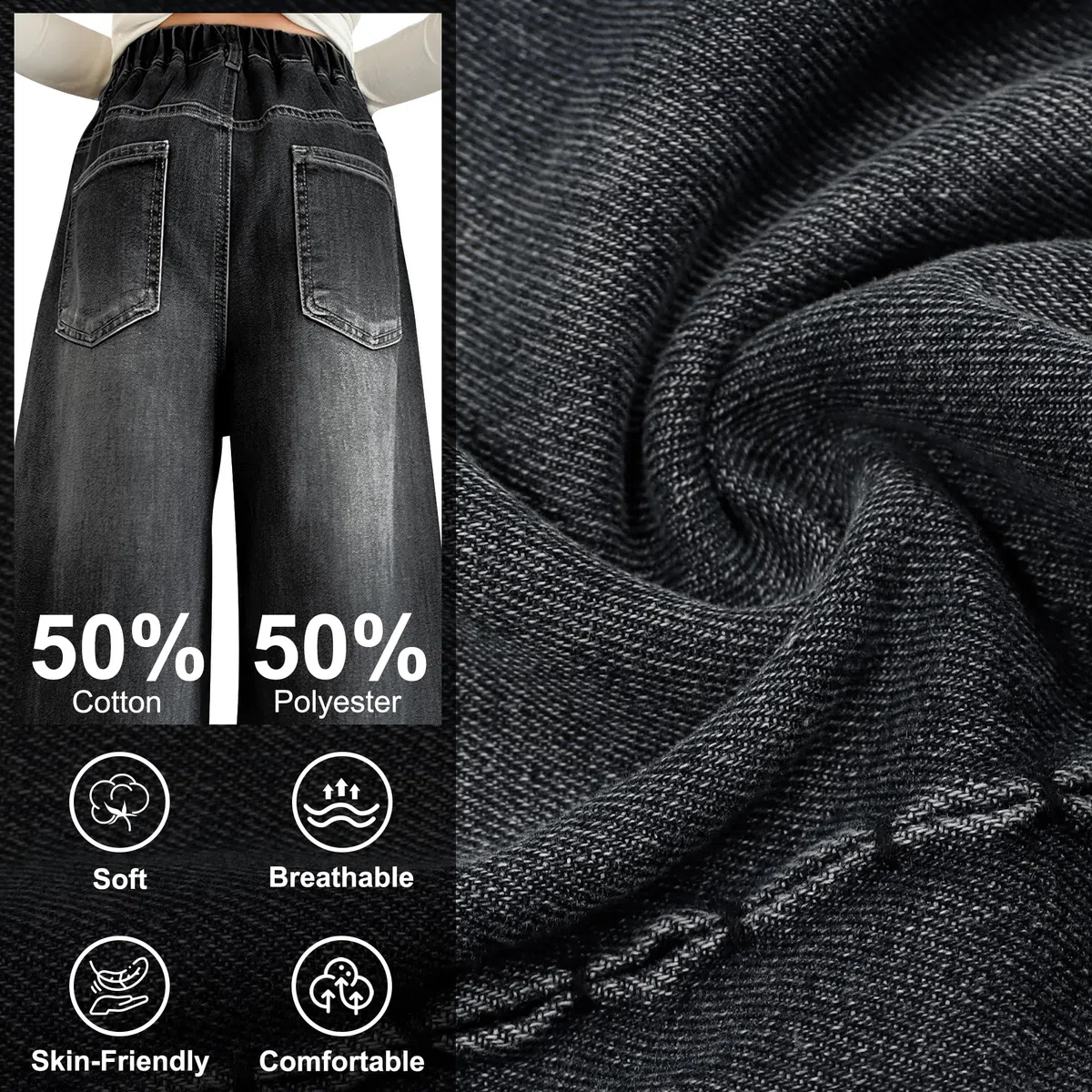 Jeans Larghi per Ragazze, Baggy Comodo Denim Pantaloni con Vita Alta Elastica Morbido Casual Moda Loose Fit Pants con Tasche Streetwear Vestiti per Ragazza 7-14 Anni, Blu Scuro