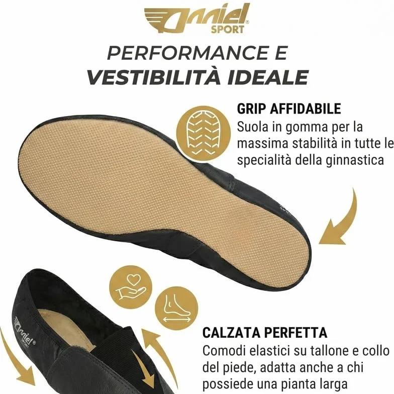 Anniel 2024 - Scarpe Ginnastica Artistica in Pelle con Suola in Gomma 100% Made in Italy (33, Nero)