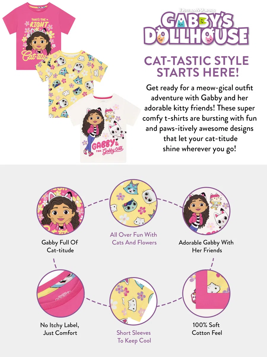 Gabby’s Dollhouse Confezione da 3 Tshirt Bambino, T Shirt Ragazza a Maniche Corte, Magliette Bambina Gabby e Gatti