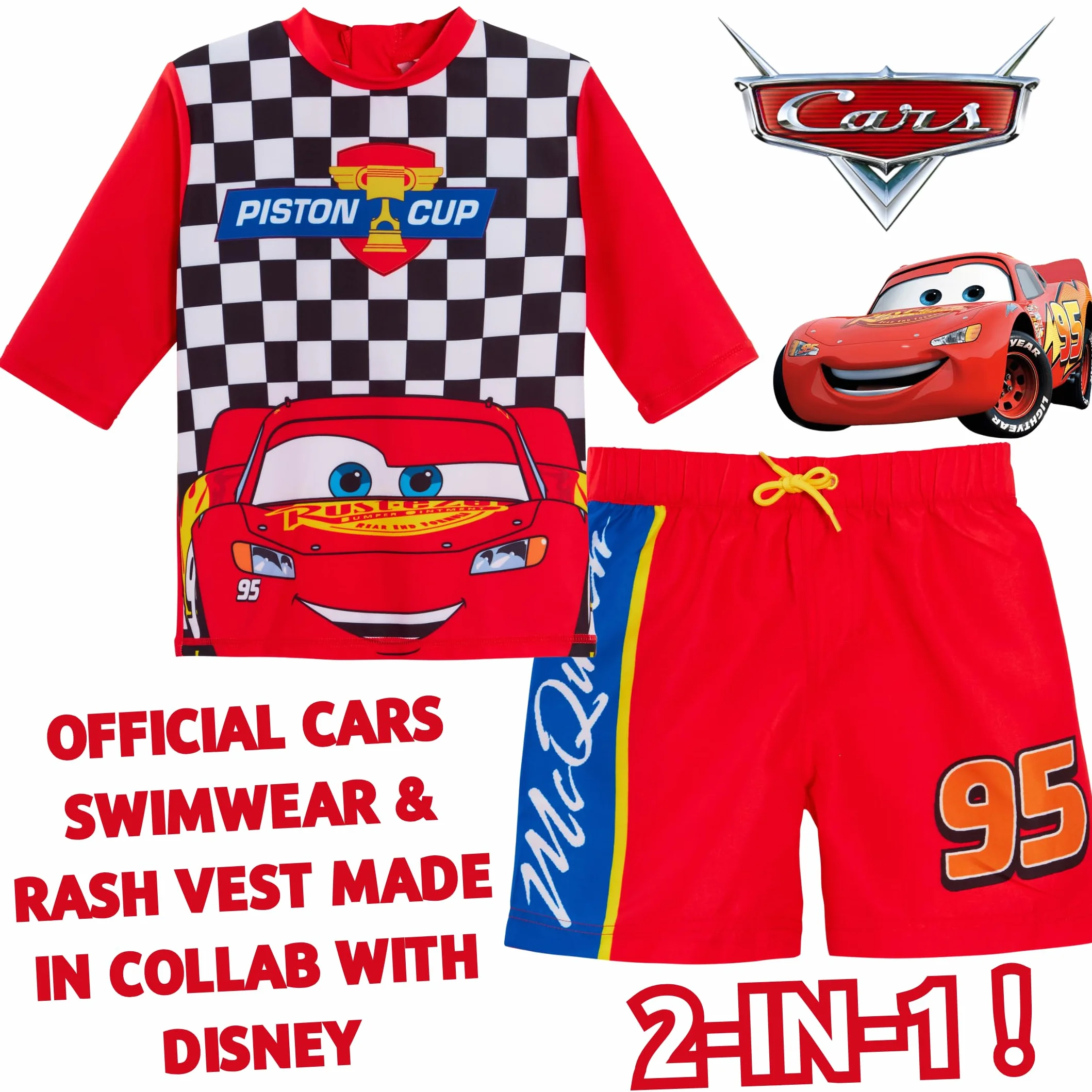 Disney Pantaloncini da Bagno per Ragazzi Cars + Rash Vest Lighting McQueen Set da Bagno in 2 Pezzi Top da Surf per Bambini + Pantaloncini da Surf Set da Nuoto